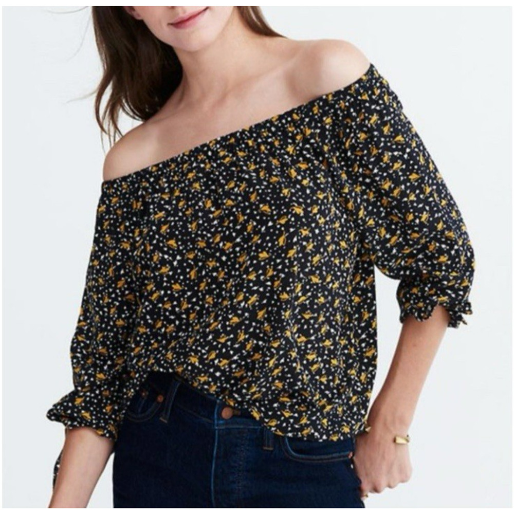 Madewell 100% Silk Off the Shoulder Top Small Falling Leaves Tie Sleeves Sheer